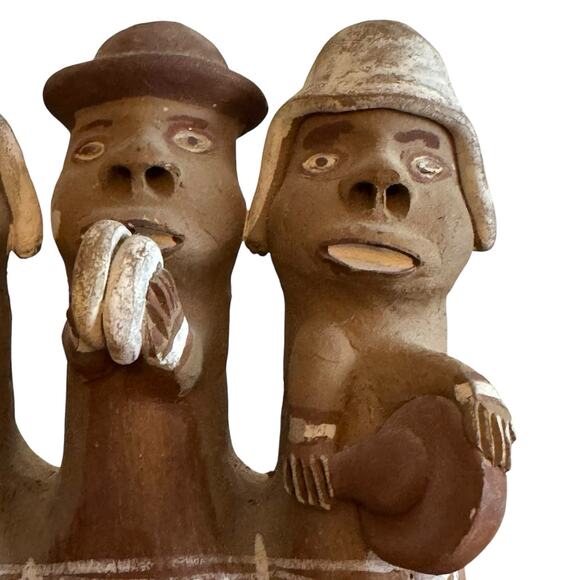 Peruvian Clay Figurine Four Musicians Flute Folk Art Inca Village Band Red Clay - Picture 5 of 8